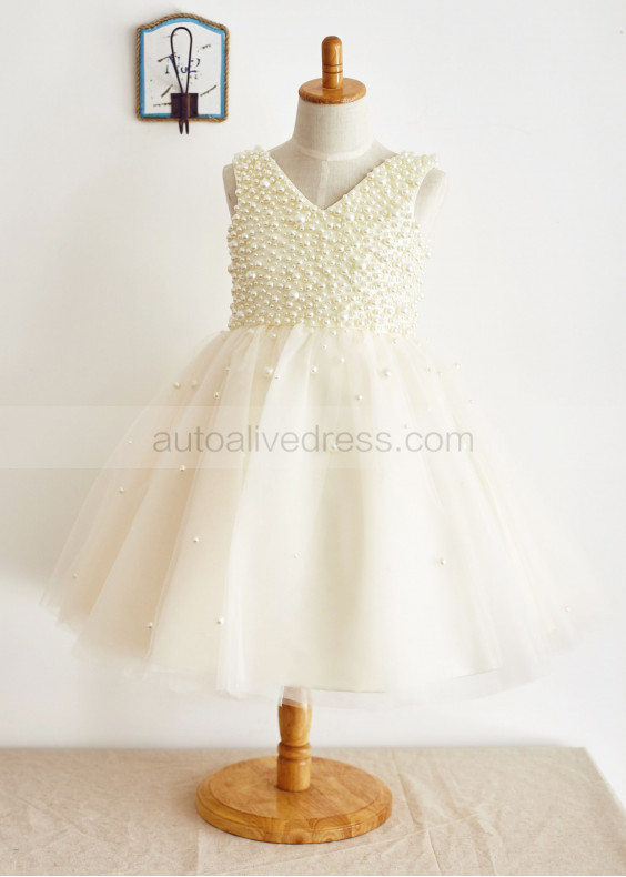 V Neck Pearls Beaded Champagne Tulle Dreamy Flower Girl Dress